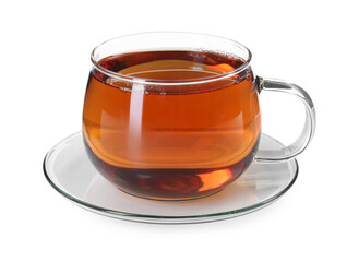 Aromatic tea in glass cup isolated on white