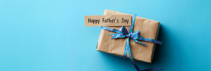 Sleek blue background with a gift box and a "Happy Father's Day" tag, in a top view.