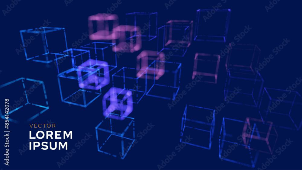 Poster Big Data 3D Cubes Quantum Computer Server Concept Background. 3D Blockchain Cube Blocks Concept. Data Core Abstract Cubes. Artificial Intelligence HUD Design Vector BG.