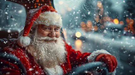 Santa Claus figurine driving a vehicle, framed by snowflakes and bokeh lights in a Christmas setting