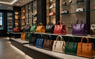 Fashionable handbags collection luxury items in high-end boutique setting.