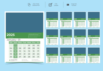 2025 Corporate Wall Calendar Template Design.Set of 12 pages calendar vector design with  print template