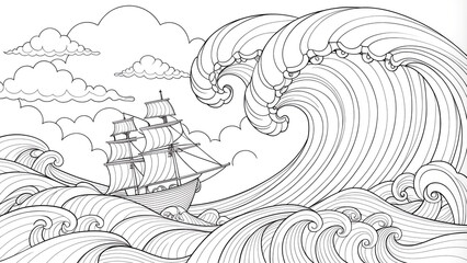 Fototapeta premium illustration from children's coloring book, ship in the sea, black and white linear outline picture, ocean, summer, marine, sails, big waves