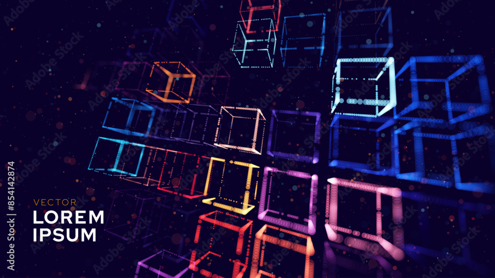 Poster Big Data 3D Cubes Quantum Computer Server Concept Background. 3D Blockchain Cube Blocks Concept. Data Core Abstract Cubes. Artificial Intelligence HUD Design Vector BG.