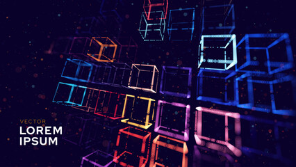 Big Data 3D Cubes Quantum Computer Server Concept Background. 3D Blockchain Cube Blocks Concept. Data Core Abstract Cubes. Artificial Intelligence HUD Design Vector BG.
