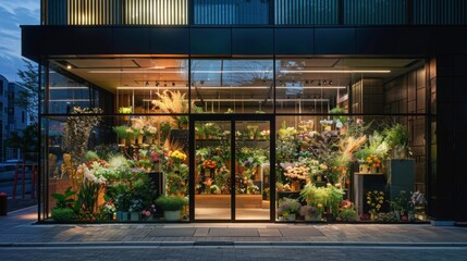 A modern flower shop with large glass windows displays a variety of colorful flowers, plants, and greenery illuminated by warm lighting. The storefront is closed for the night.