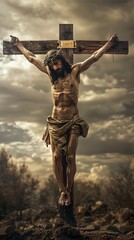 Jesus on the cross with a dramatic sky background.

