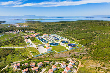 Aerial view of sewage treatment plant, ponds for recycling dirty wastewater, recycle system...