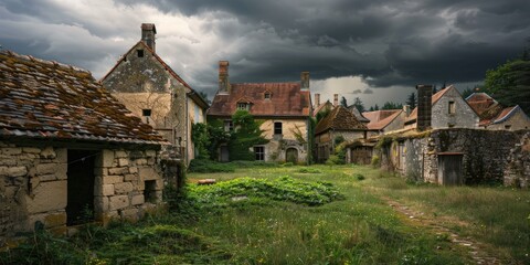Fototapeta premium A small village with old houses and a cloudy sky. Generate AI image