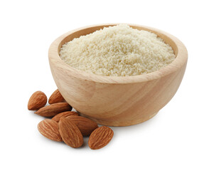 Fresh almond flour in bowl and nuts isolated on white