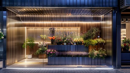 A modern flower shop window display showcases a variety of colorful flowers arranged in various styles and containers, creating a vibrant and inviting scene.