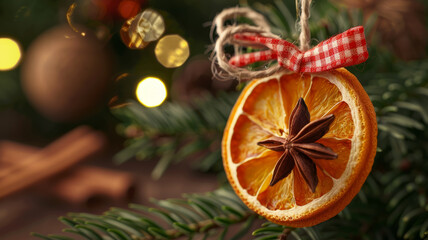 Orange slice and star anise Christmas ornament on pine branch, bokeh lights