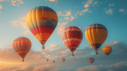 Obraz premium A group of colorful hot air balloons fly gracefully against a backdrop of a bright blue sky and fluffy clouds, with the sun setting behind them.