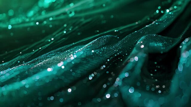 A texture of shimmering silver yarn punctuated with tiny flecks of glitter glowing in a striking emerald hue.