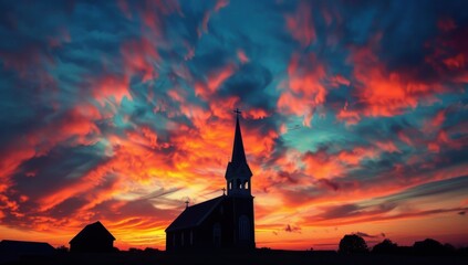 Obraz premium A church steeple is silhouetted against a beautiful sunset. Generate AI image