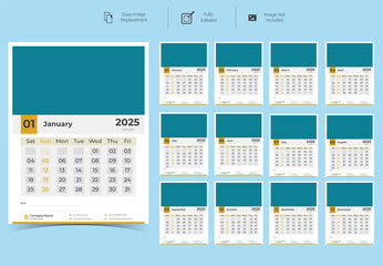 Corporate Wall Calendar Template Design for 2025.Set of 12 pages calendar vector design with  print template