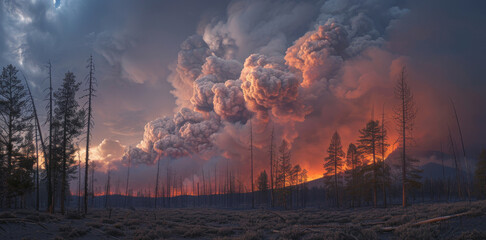 A forest fire is burning in the distance, with smoke and ash rising into the sky