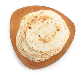 Many tasty homemade tortillas isolated on white, top view