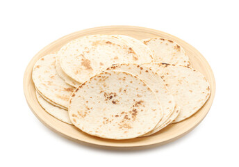 Many tasty homemade tortillas isolated on white