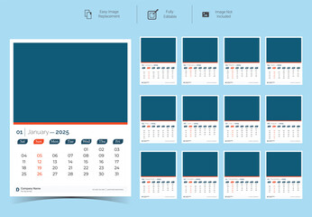 Corporate Wall Calendar Template Design for 2025.Set of 12 pages calendar vector design with  print template