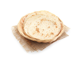 Tasty homemade tortillas in wicker basket isolated on white
