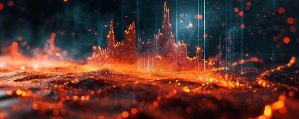 A vibrant digital representation of financial stock market data over an abstract cityscape