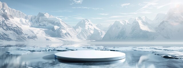 A serene winter scene with mountains, clear skies, and a platform for showcasing products
