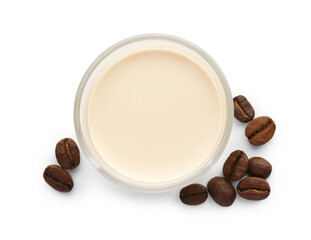 Glass of coffee cream liqueur and beans isolated on white, top view