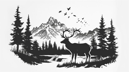 Artistic double exposure effect of a deer merging with a mountain landscape within its silhouette