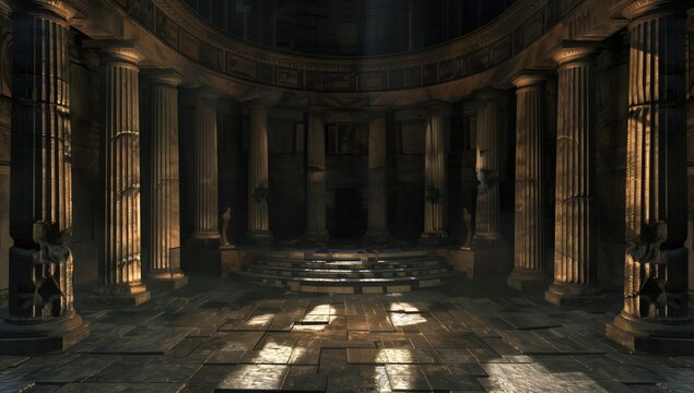 A captivating CG rendering of a circular ancient temple interior with dramatic lighting