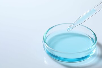 Dripping liquid from pipette into petri dish at white table, closeup. Space for text