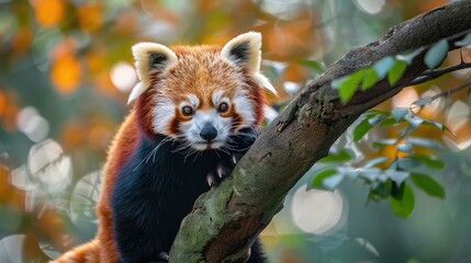 Fototapeta premium Curious Red Panda Captivated in Tree Branch Stare