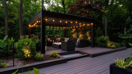 Fototapeta premium A large black gazebo with a patio area with a fire pit and a few chairs