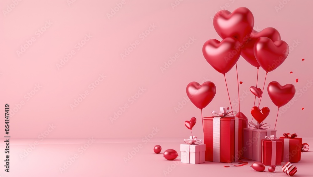 Poster a pink background with a bunch of red balloons and red boxes with hearts on them. generate ai image