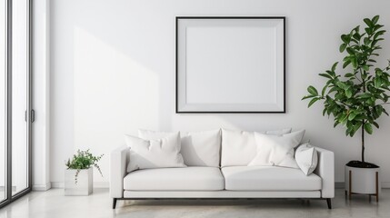 A white couch sits in front of a large black framed picture