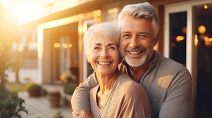 Fototapeta premium Senior cheerful couple with grey hair, man and woman standing before nice house with green lawn,