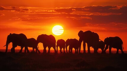 Fototapeta premium Elephant Silhouettes at Sunset.