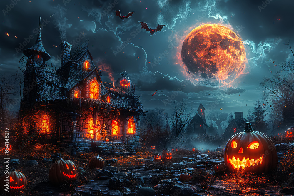 Poster a dark and eerie scene with a large moon in the sky. the moon is surrounded by bats flying in the ai