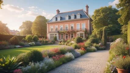 Fototapeta premium Beautiful huge house with garden