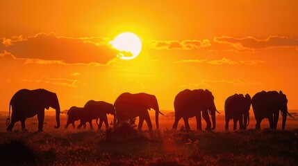 Fototapeta premium Elephant Silhouettes at Sunset.
