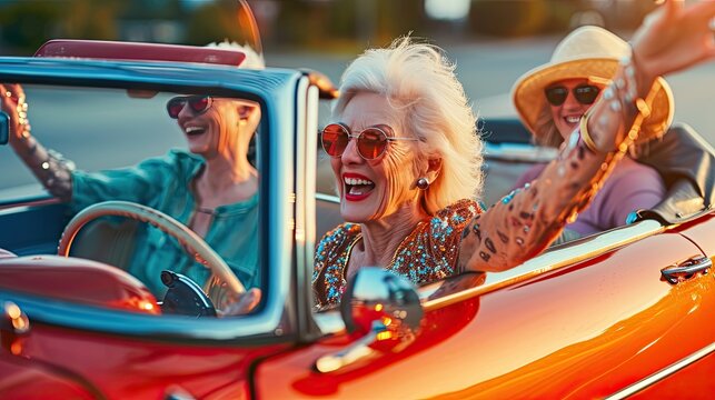 Happy excited disco style senior women driving cabriolet car,