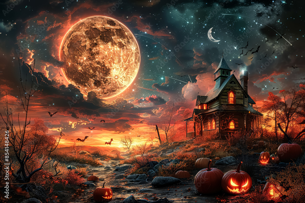 Poster a dark and eerie scene with a large moon in the sky. the moon is surrounded by bats flying in the ai