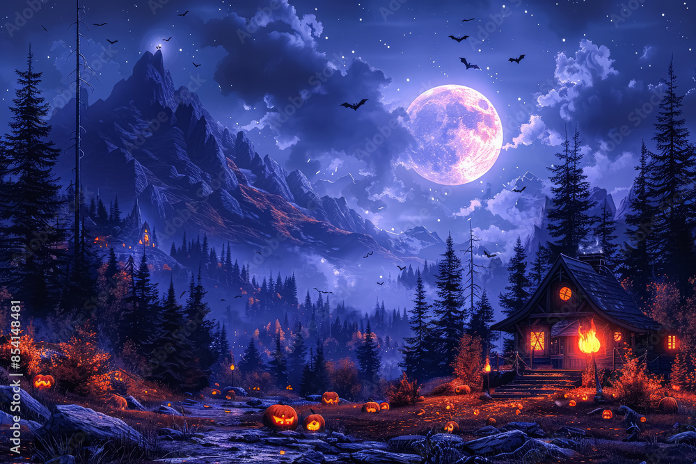 Poster a dark and eerie scene with a large moon in the sky. the moon is surrounded by bats flying in the ai