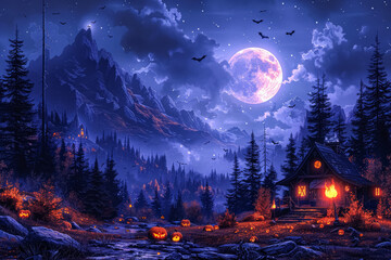 Fototapeta premium A dark and eerie scene with a large moon in the sky. The moon is surrounded by bats flying in the air. The scene is set in a town with a castle in the background