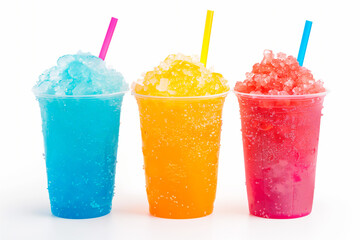 kool-aid slushies drinks in orange, blue, and red colors isolated on a plain white background