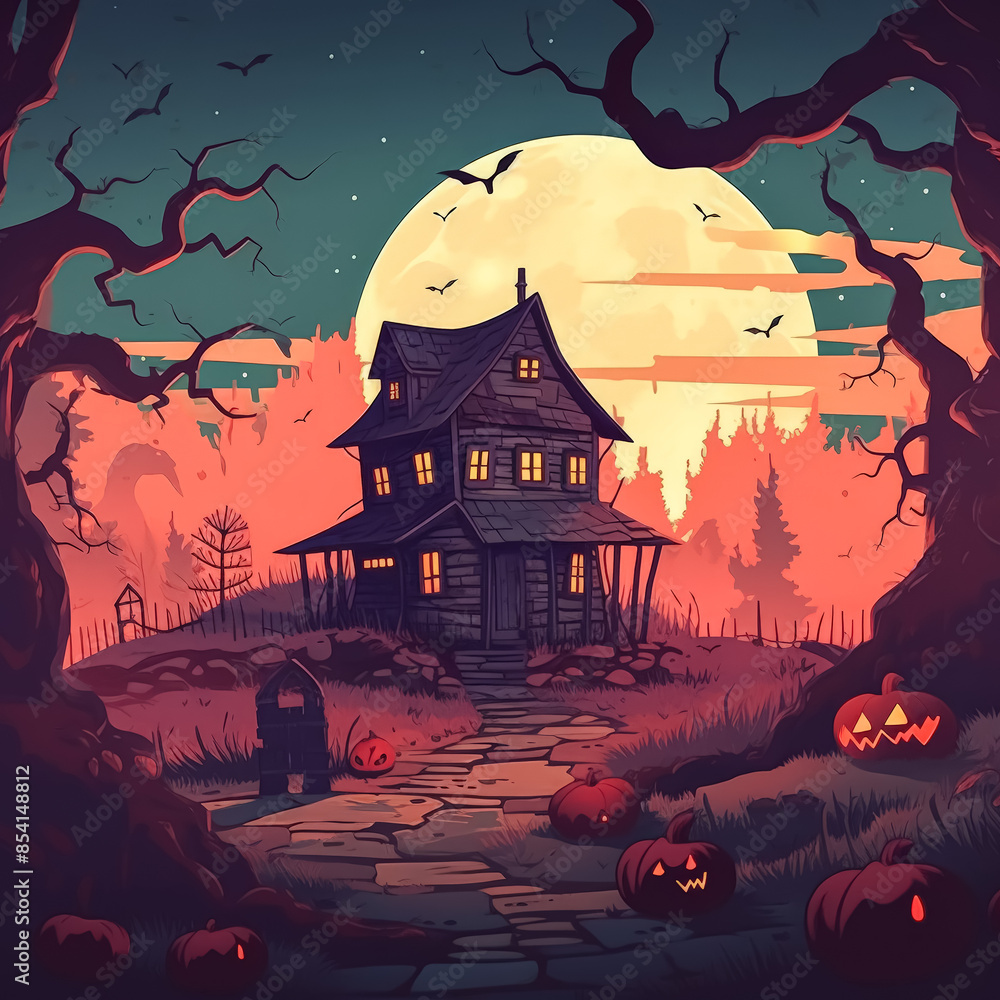 Poster a house with a porch and a path leading to it. the house is surrounded by trees and there are pumpki