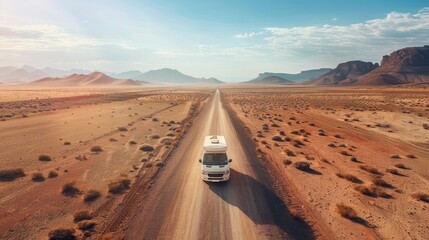 A white camper van drives down a long, dusty road through a vast desert landscape. The sun shines brightly in the sky.