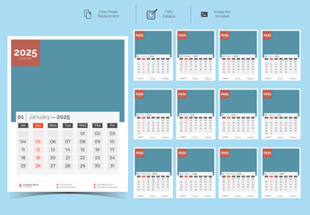 Corporate Wall Calendar Template Design for 2025.Set of 12 pages calendar vector design with  print template