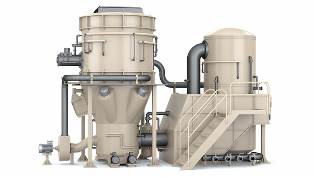 Waste-to-energy conversion. Produces electricity, fuel, gas and heat by burning waste. Garbage processing plant. Autonomous waste utilization complex. 3d rendering