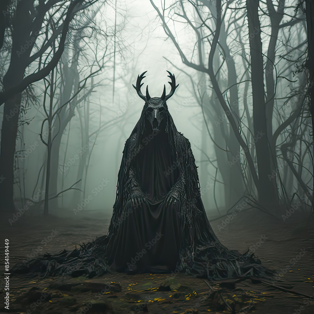 Poster a man dressed in black and a large antlers is sitting in a forest. scene is dark and eerie, with the